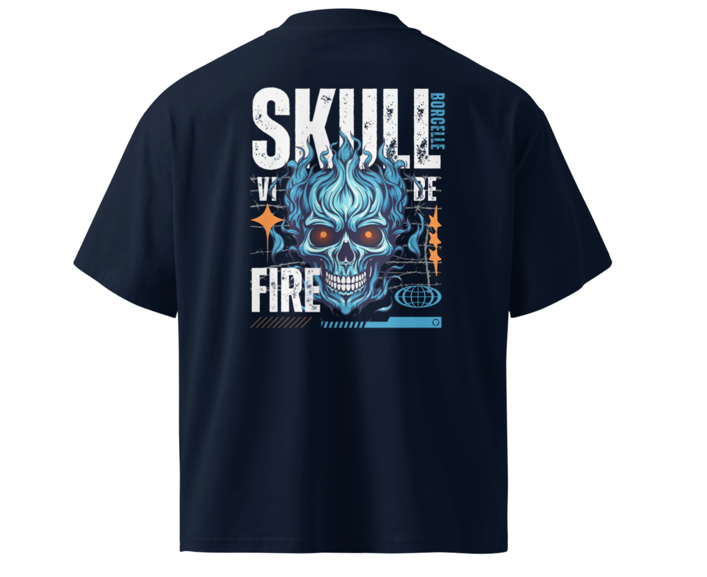 Navy blue t-shirt with a graphic design on the back featuring a skull and text.
